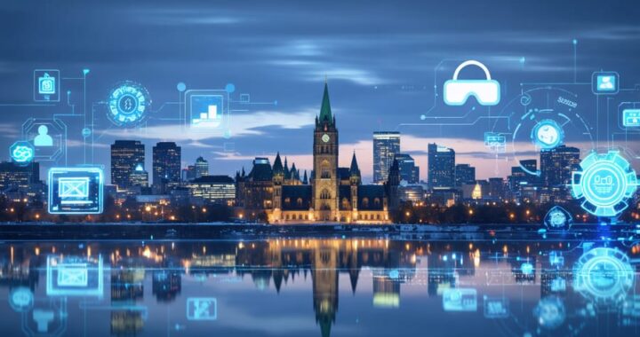 A conceptual image of Ottawa's skyline intertwined with symbols of online casinos and digital technology including a VR headset and glowing casino chip, representing the impact of online gaming on the city's entertainment scene.