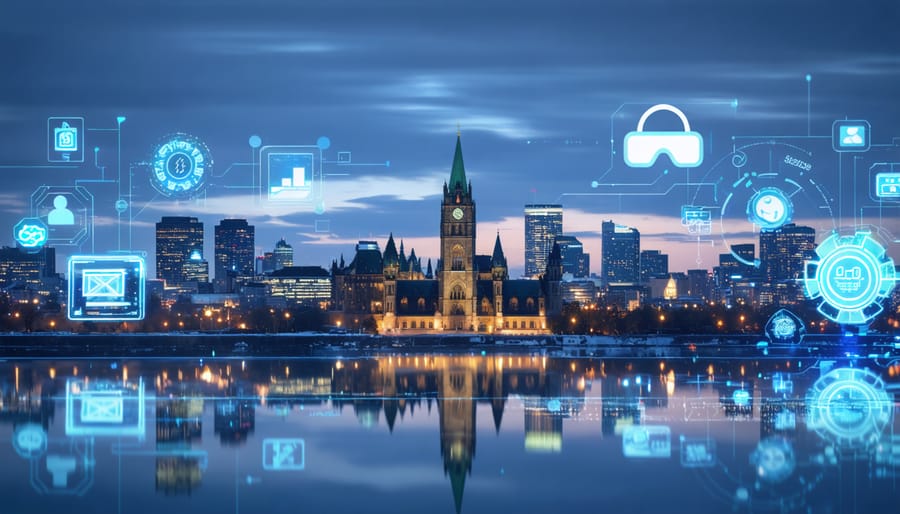 A conceptual image of Ottawa's skyline intertwined with symbols of online casinos and digital technology including a VR headset and glowing casino chip, representing the impact of online gaming on the city's entertainment scene.