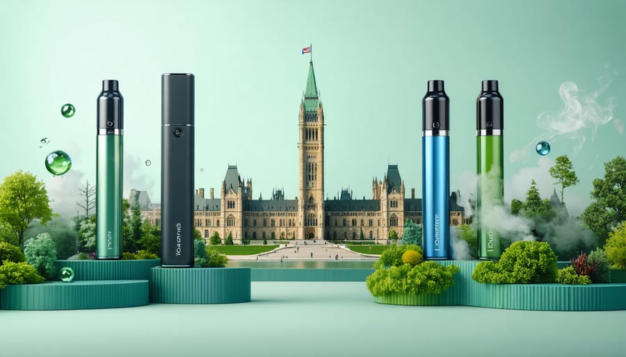 Conceptual illustration showcasing THCA vape devices with Ottawa's Parliament Hill in the background, symbolizing the city's innovative and wellness-focused vaping culture.