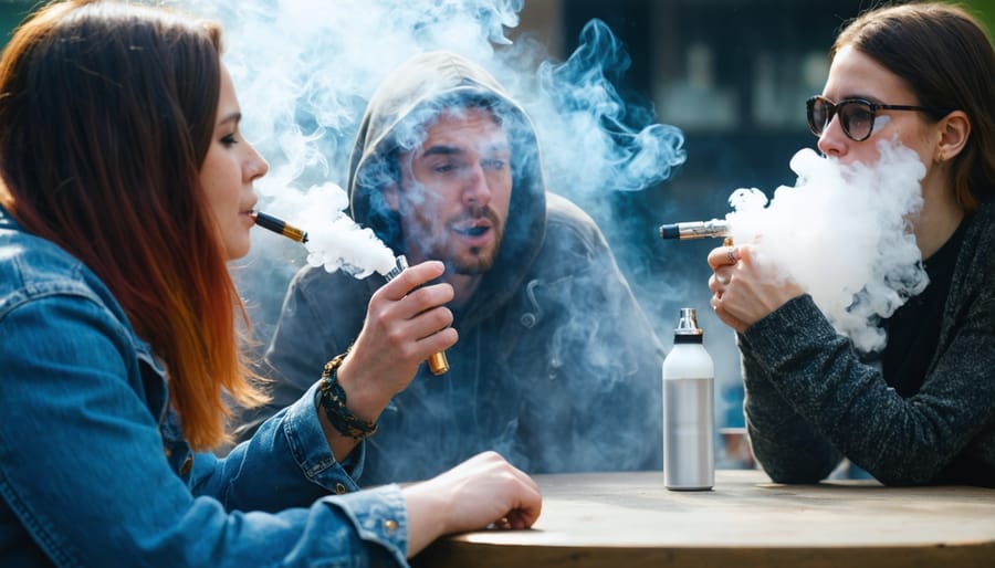 Group of adults from various demographics using vape pens in a social gathering